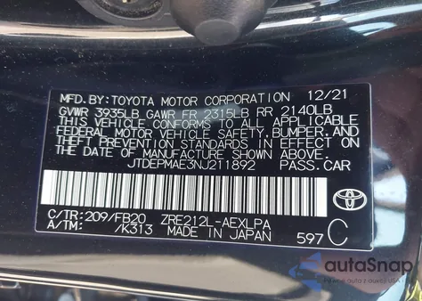 2022 Toyota Corolla Le z USA, uszkodzony, nr VIN JTDEPMAE3NJ211892
